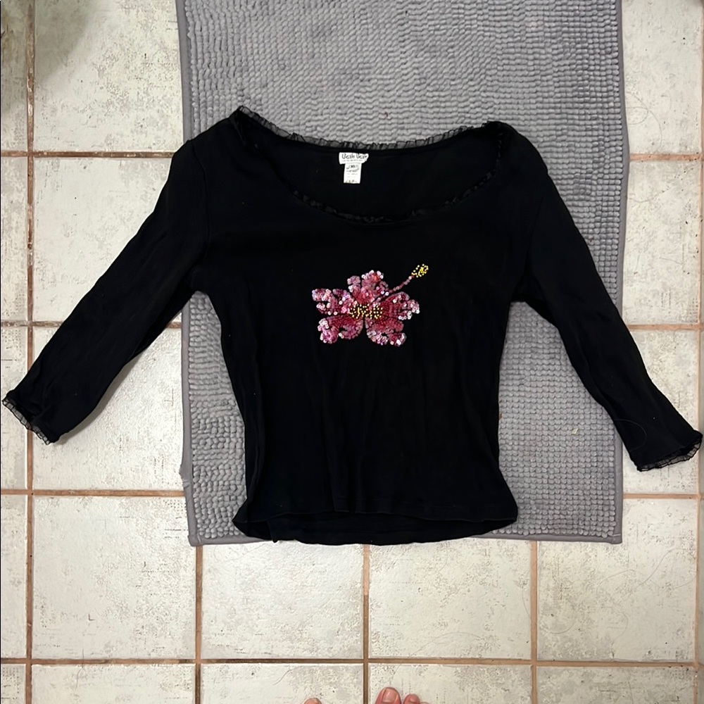 Hawaiian Pink Hibiscus Sequined 3/4 Sleeve top from Baik Baik Honolulu